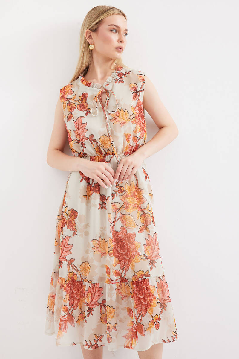 2503 Desenli Sıfır Kol Şifon Elbise - Kiremit - BİGDART