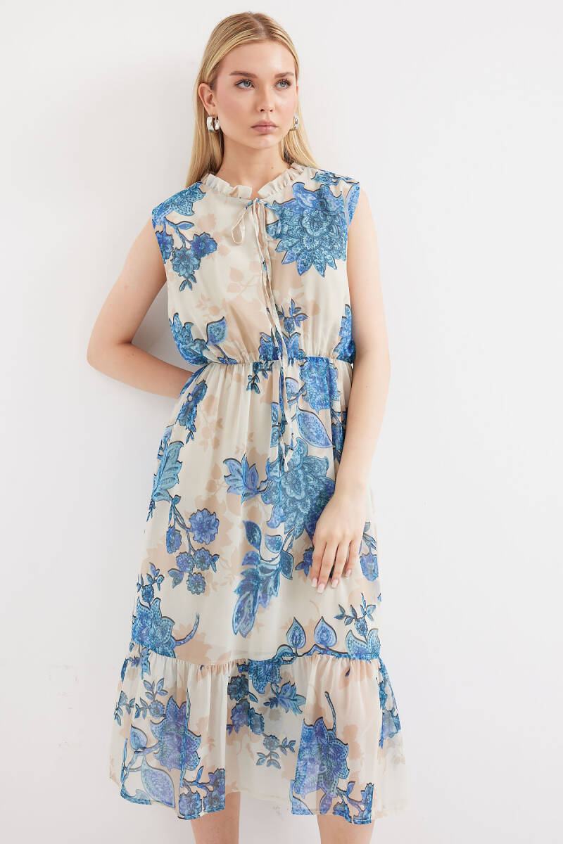 2503 Desenli Sıfır Kol Şifon Elbise - Mavi - BİGDART