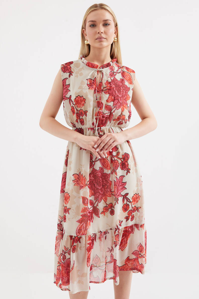 2503 Desenli Sıfır Kol Şifon Elbise - Nar - BİGDART