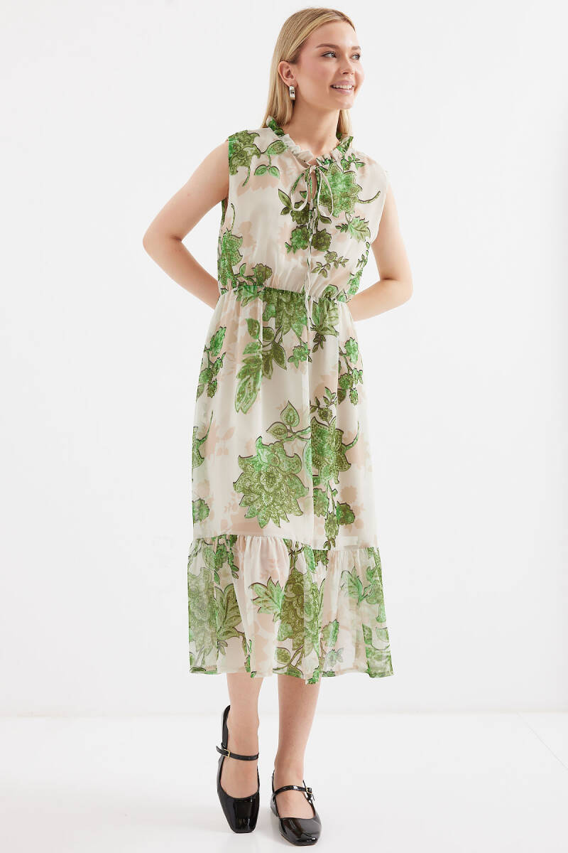 2503 Desenli Sıfır Kol Şifon Elbise - Yeşil - BİGDART