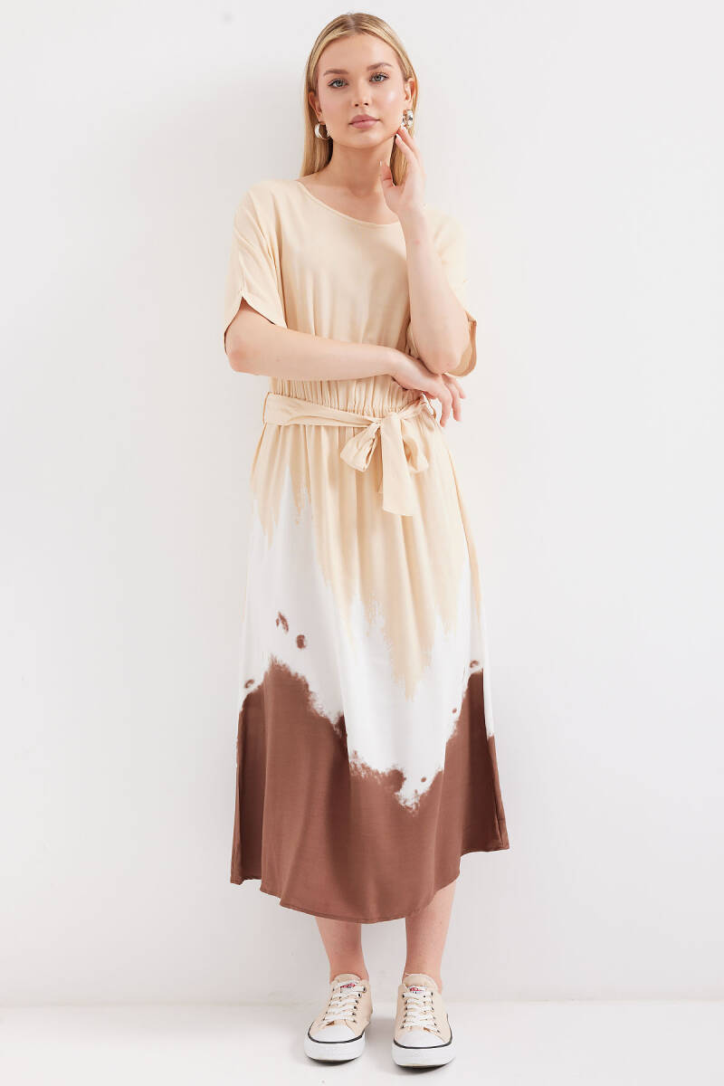 2504 Desenli Kısa Kol Viskon Elbise - Krem - BİGDART