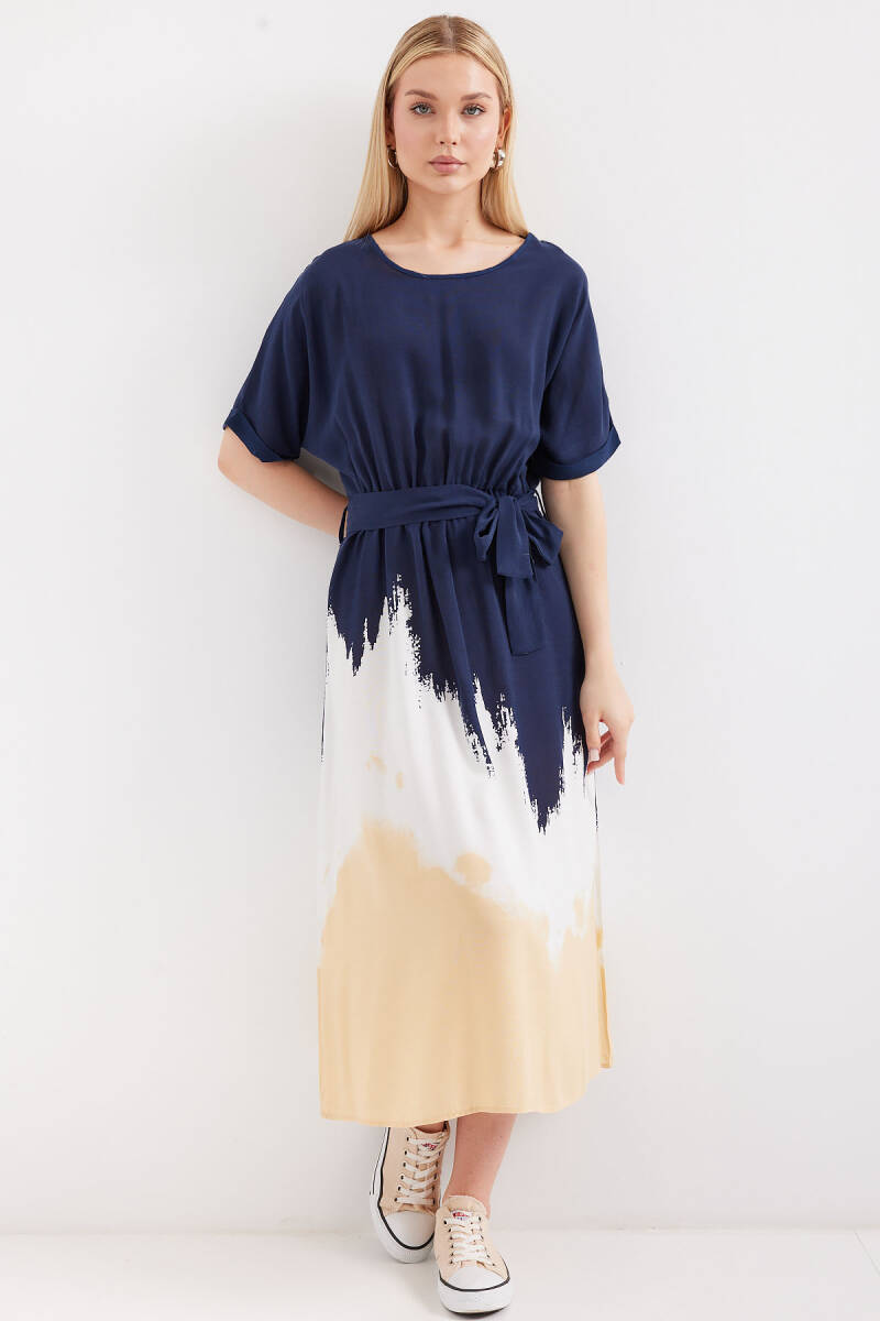 2504 Desenli Kısa Kol Viskon Elbise - Lacivert - BİGDART