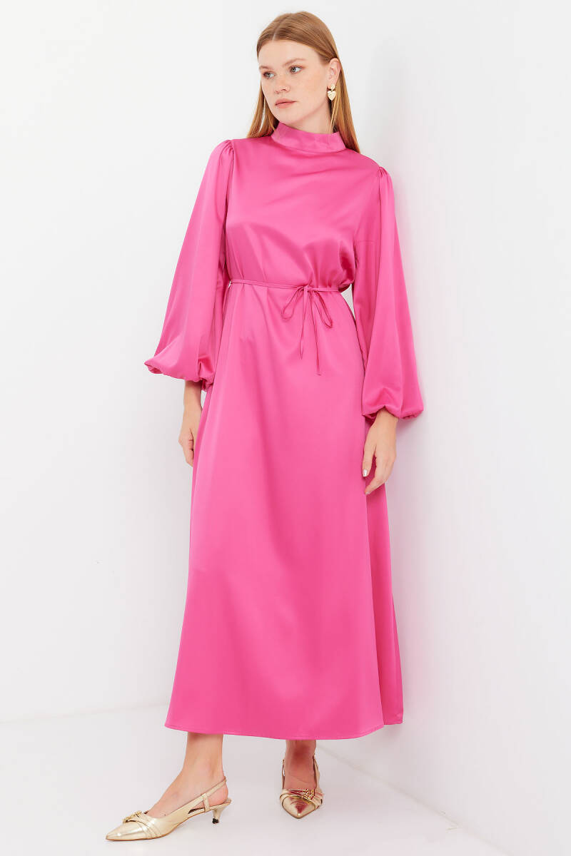 2510 Saten Tesettür Abiye Elbise - Fuşya - BİGDART