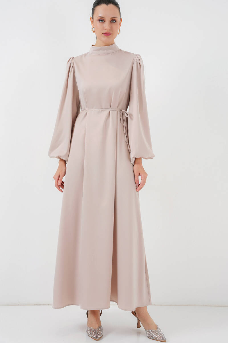 2510 Saten Tesettür Abiye Elbise - M. Krem - BİGDART