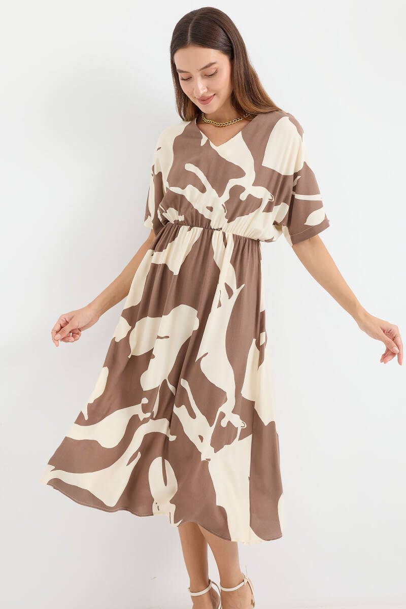 2511 Beli Lastikli Desenli Elbise - Kahverengi - BİGDART