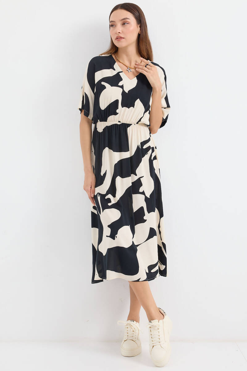 2511 Beli Lastikli Desenli Elbise - Siyah - BİGDART