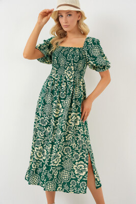 2512 Desenli Yırtmaçlı Elbise - Zümrüt Yeşili 