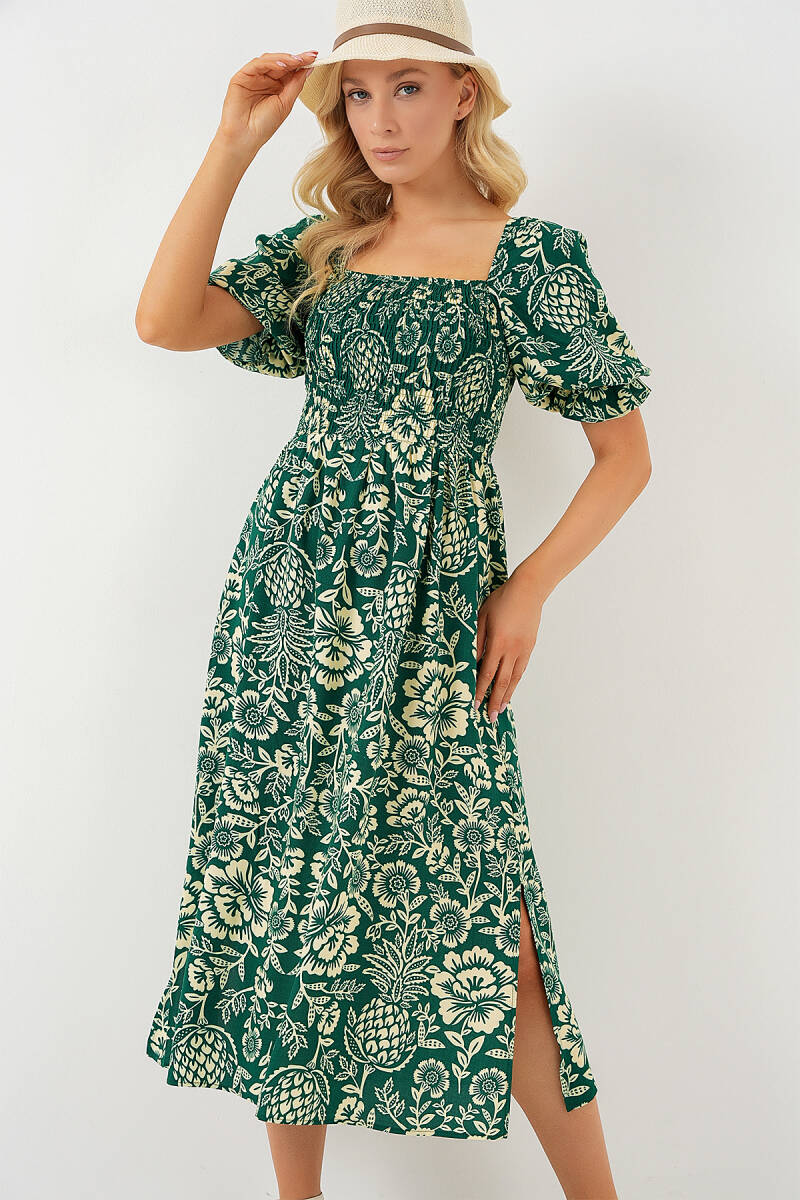 2512 Desenli Yırtmaçlı Elbise - Zümrüt Yeşili - BİGDART