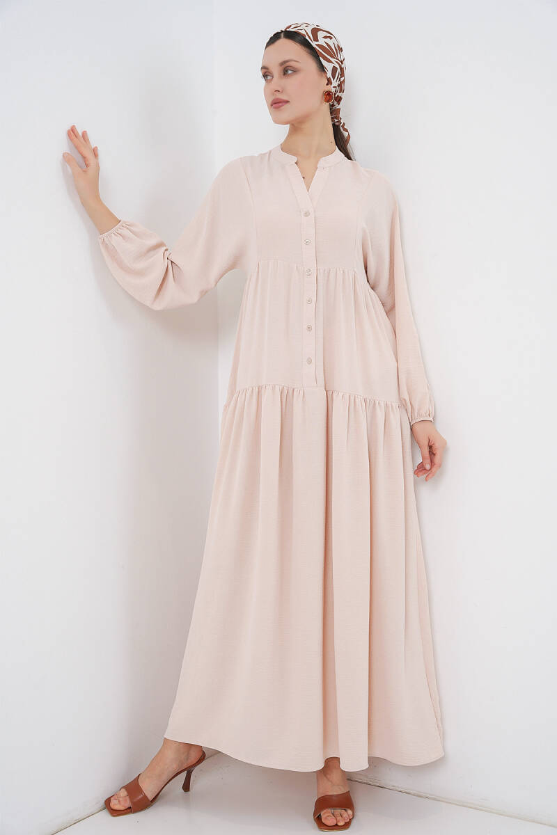 2527 Kadın Uzun Tesettür Elbise - Bej - BİGDART