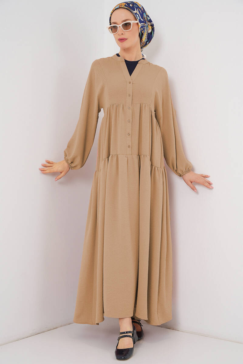 2527 Kadın Uzun Tesettür Elbise - Bisküvi - BİGDART