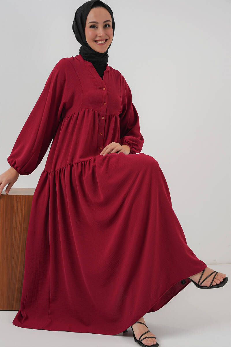 2527 Kadın Uzun Tesettür Elbise - Bordo - BİGDART