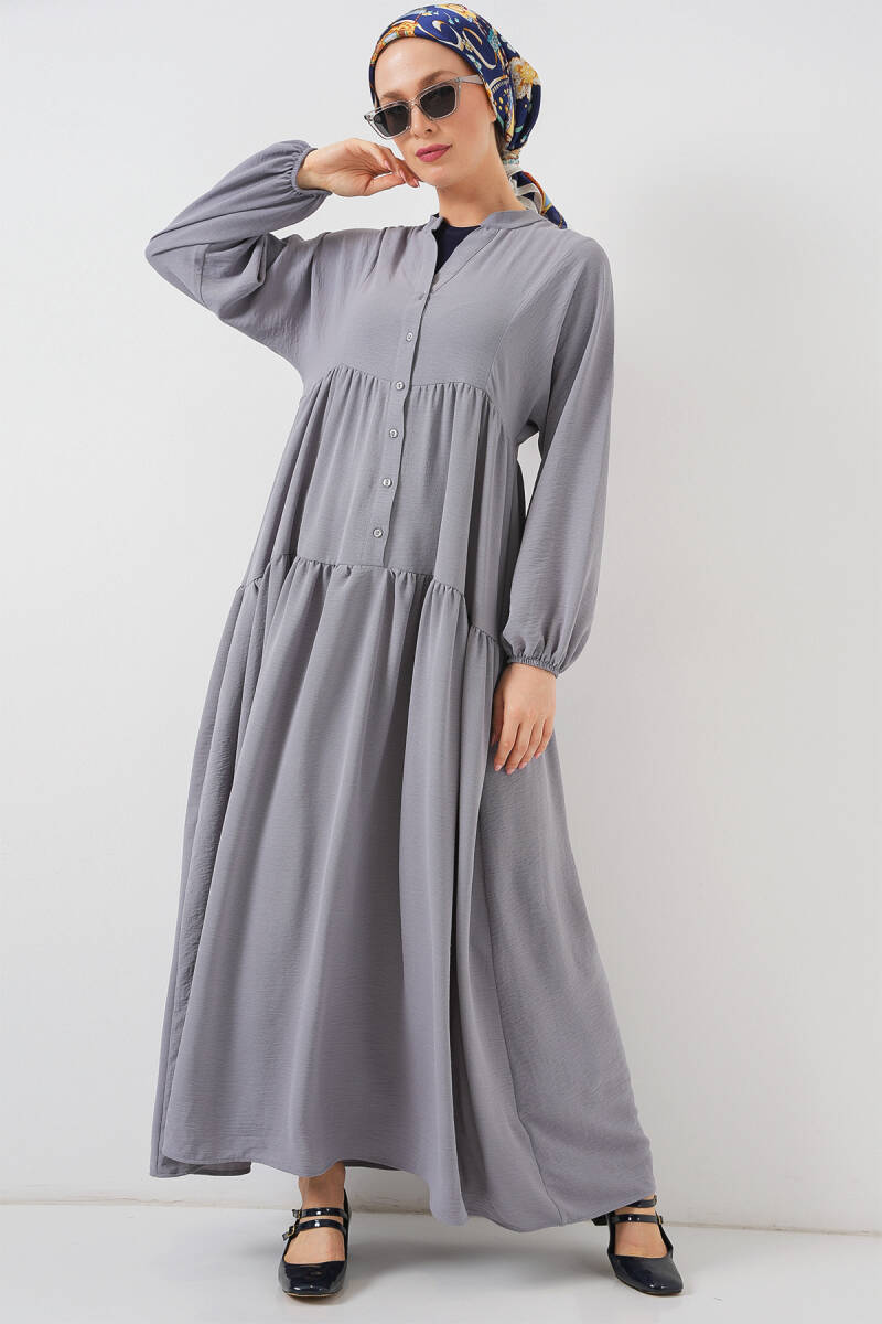2527 Kadın Uzun Tesettür Elbise - Gri - BİGDART
