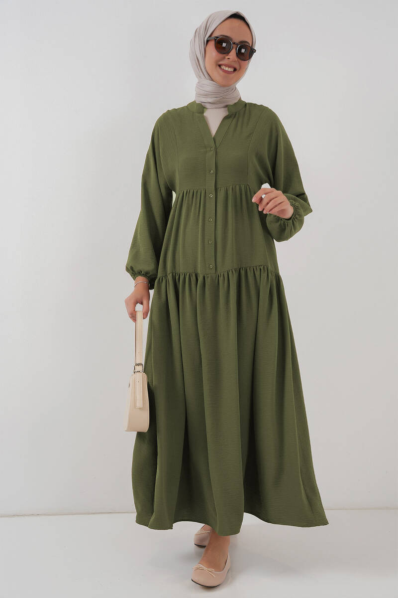 2527 Kadın Uzun Tesettür Elbise - Haki - BİGDART