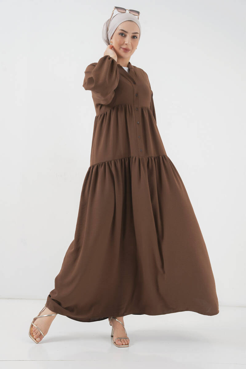 2527 Kadın Uzun Tesettür Elbise - Kahverengi - BİGDART