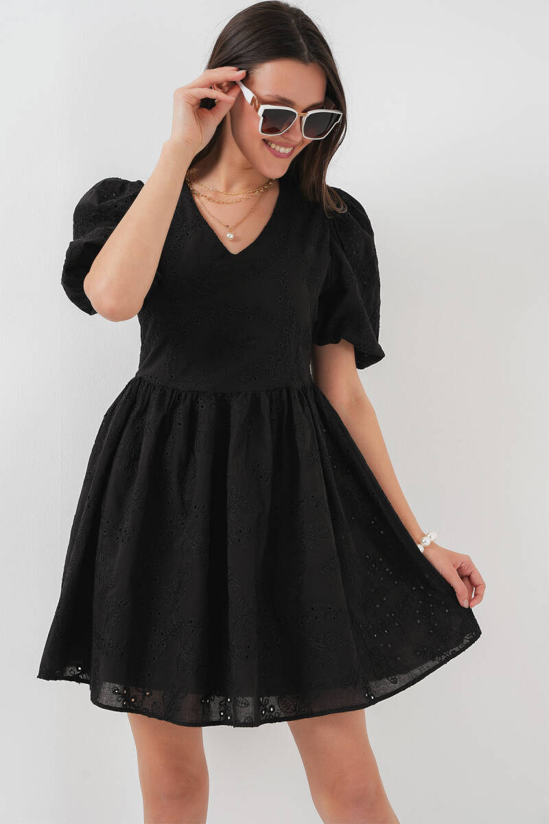 2529 Fistolu Kısa Elbise - Siyah - BİGDART