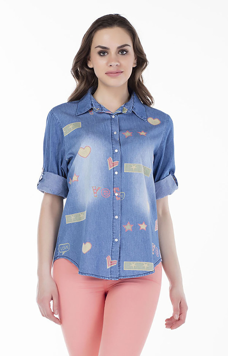 3235 YES BASKILI KOT GÖMLEK - Mavi - BİGDART