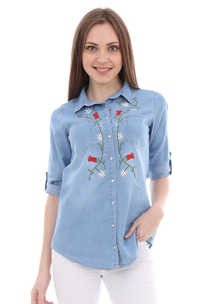 3293 ÇİÇEK NAKIŞLI KOT GÖMLEK - Mavi - BİGDART