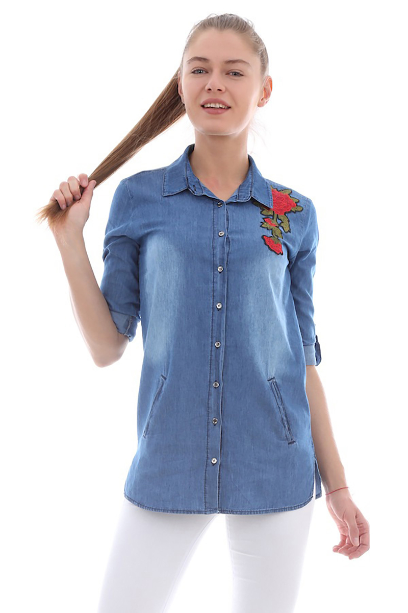 3301 GÜL DETAYLI KOT GÖMLEK - Mavi - BİGDART