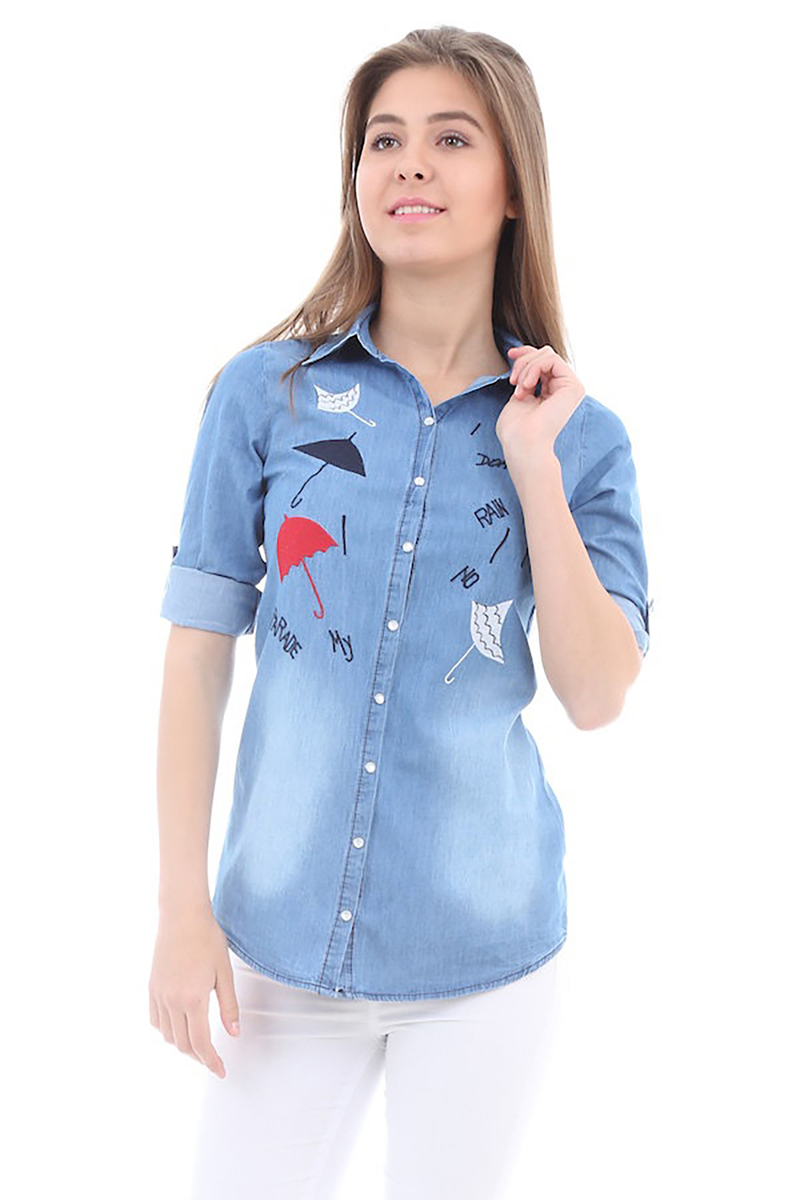 3305 ŞEMSİYE NAKIŞLI KOT GÖMLEK - Mavi - BİGDART