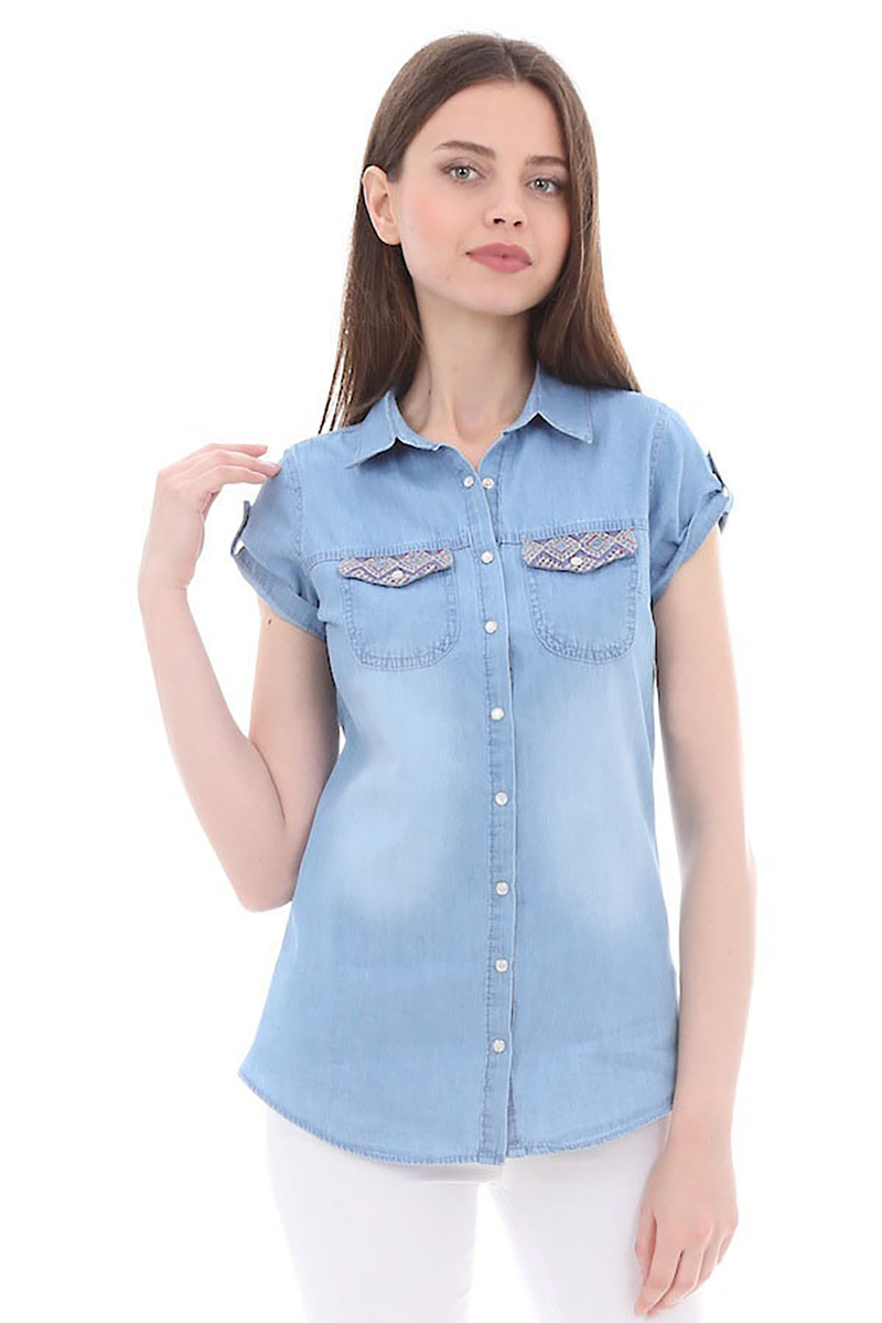 3342 ÇİFT CEP İŞLEMELİ KOT GÖMLEK - Mavi - BİGDART