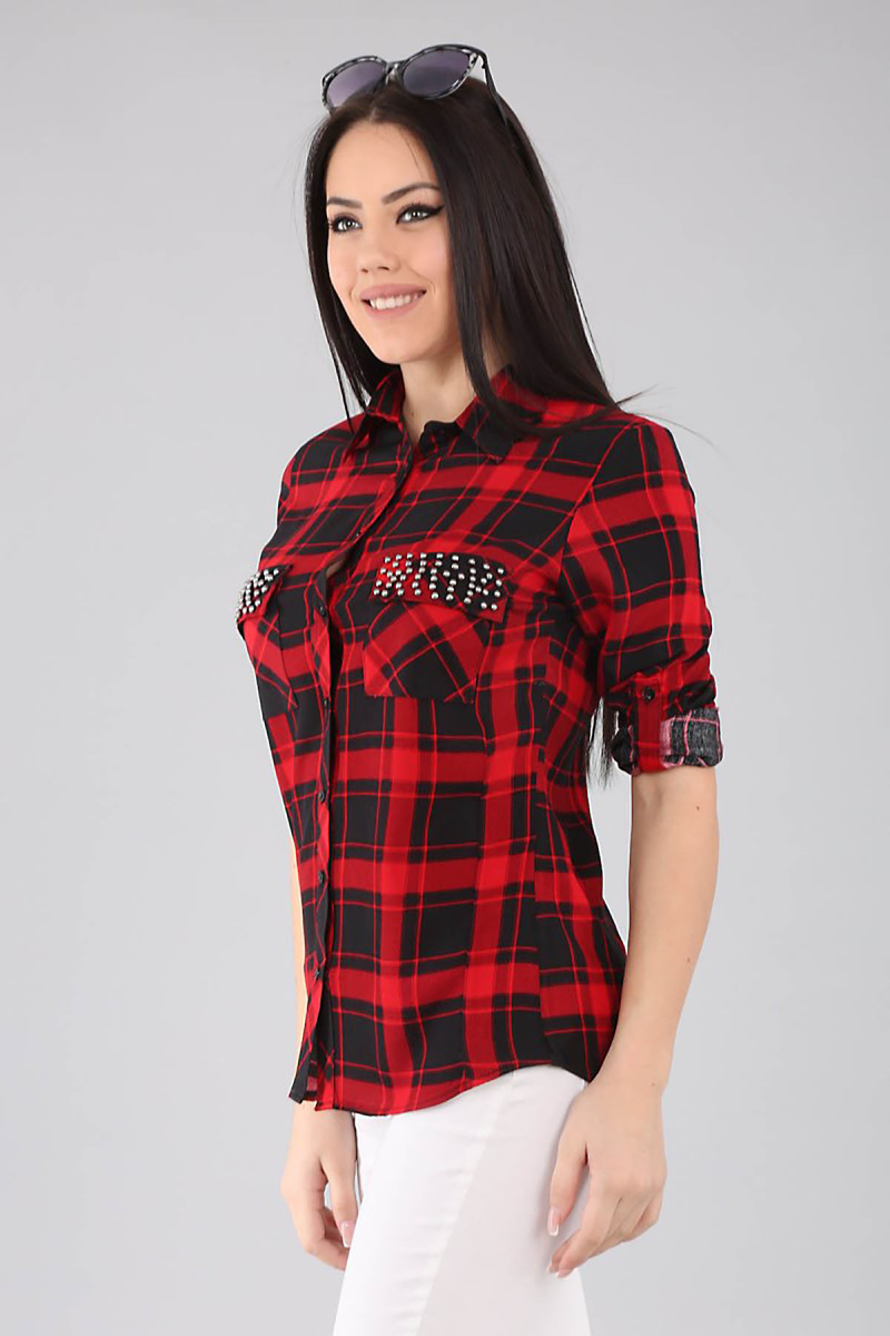 3397 Desenli İncili Gömlek - Bordo - BİGDART