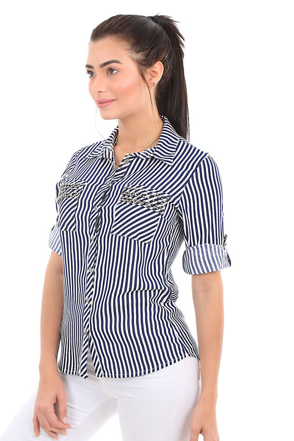 3397 Desenli İncili Gömlek - Lacivert - BİGDART