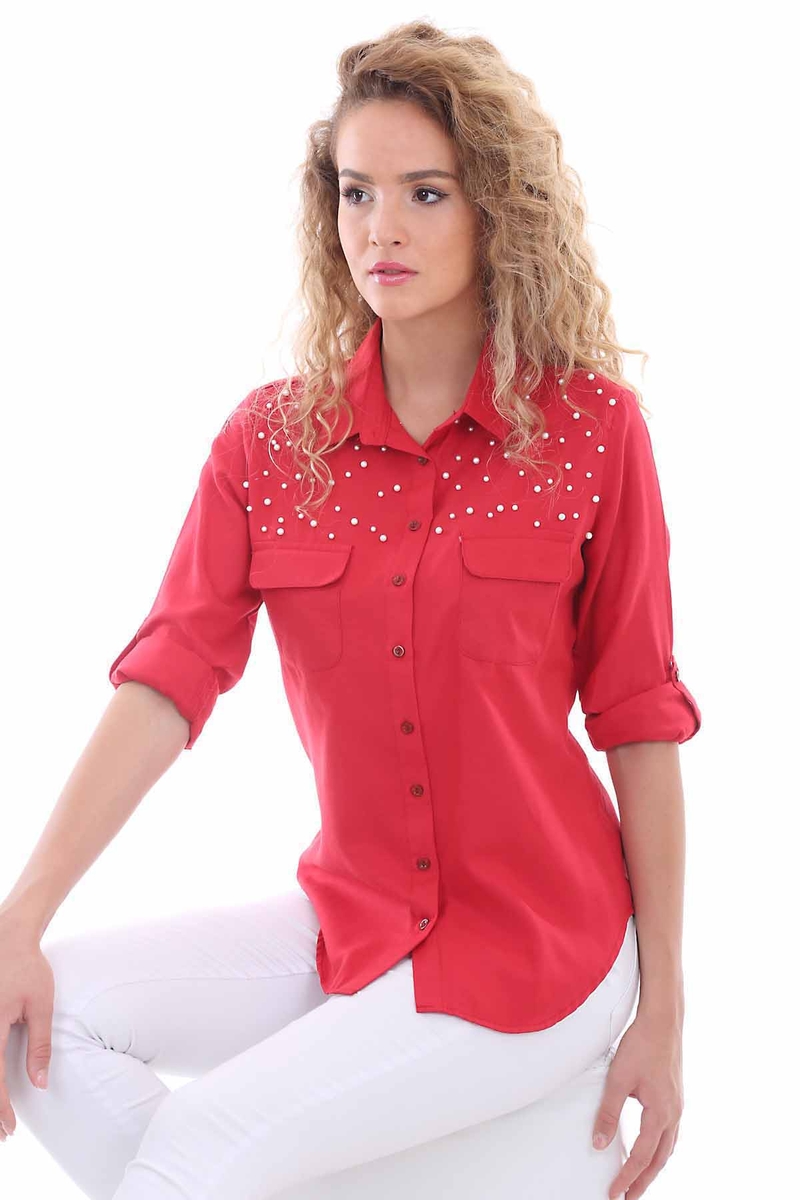 3400 KOLU İNCİLİ GÖMLEK - Kırmızı - BİGDART