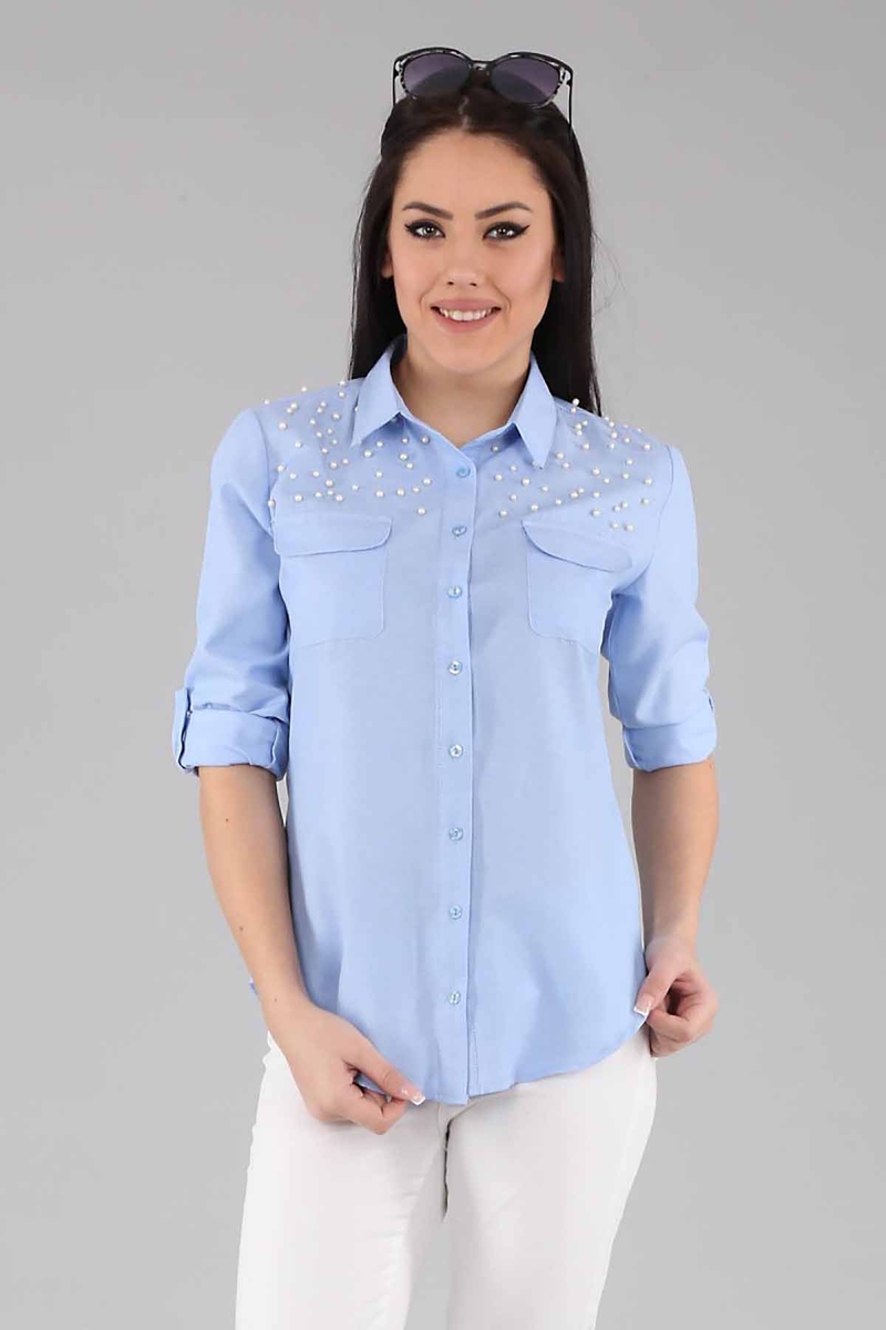 3400 KOLU İNCİLİ GÖMLEK - Mavi - BİGDART