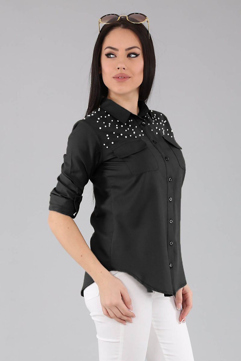 3400 KOLU İNCİLİ GÖMLEK - Siyah - BİGDART