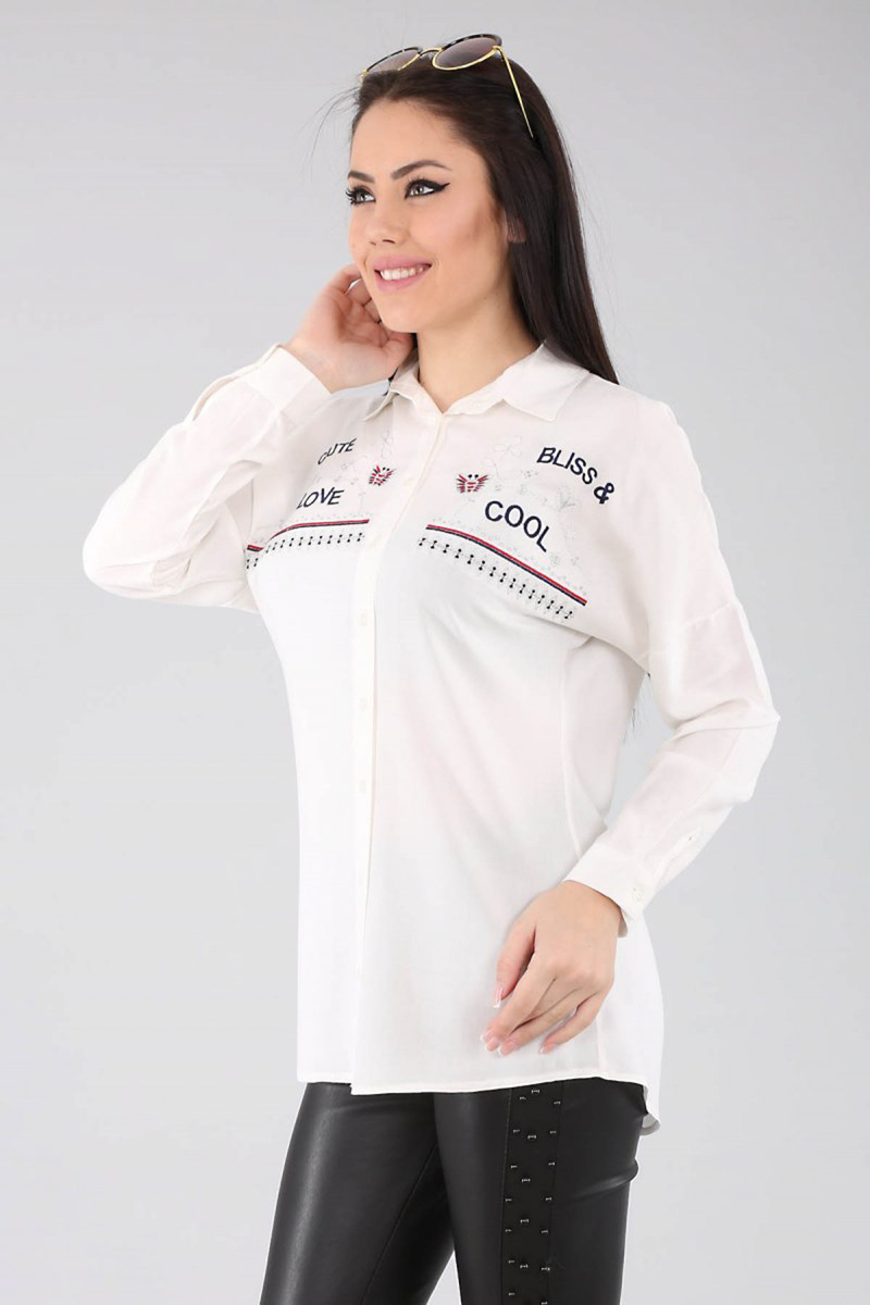 3401 GÜMÜŞ İŞLEMELİ GÖMLEK - Beyaz - BİGDART