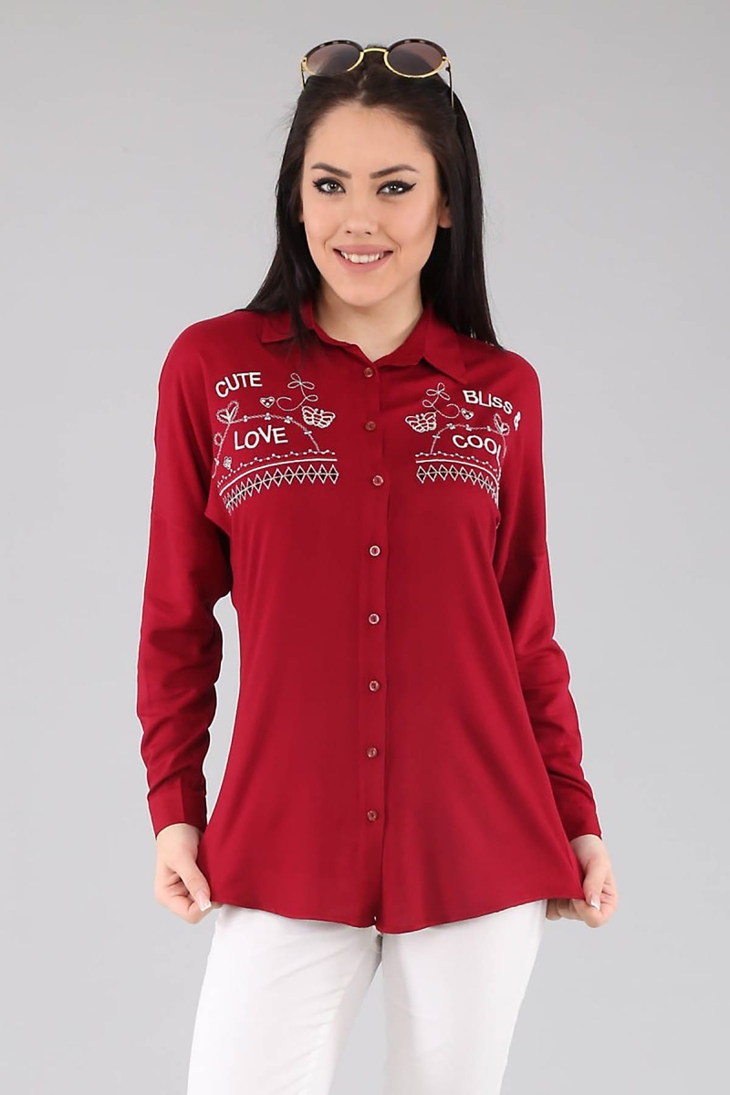 3401 GÜMÜŞ İŞLEMELİ GÖMLEK - Bordo - BİGDART