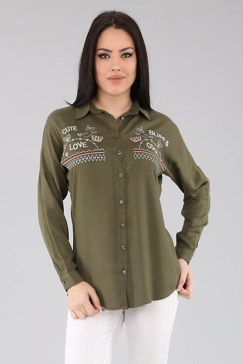 3401 GÜMÜŞ İŞLEMELİ GÖMLEK - Haki - BİGDART