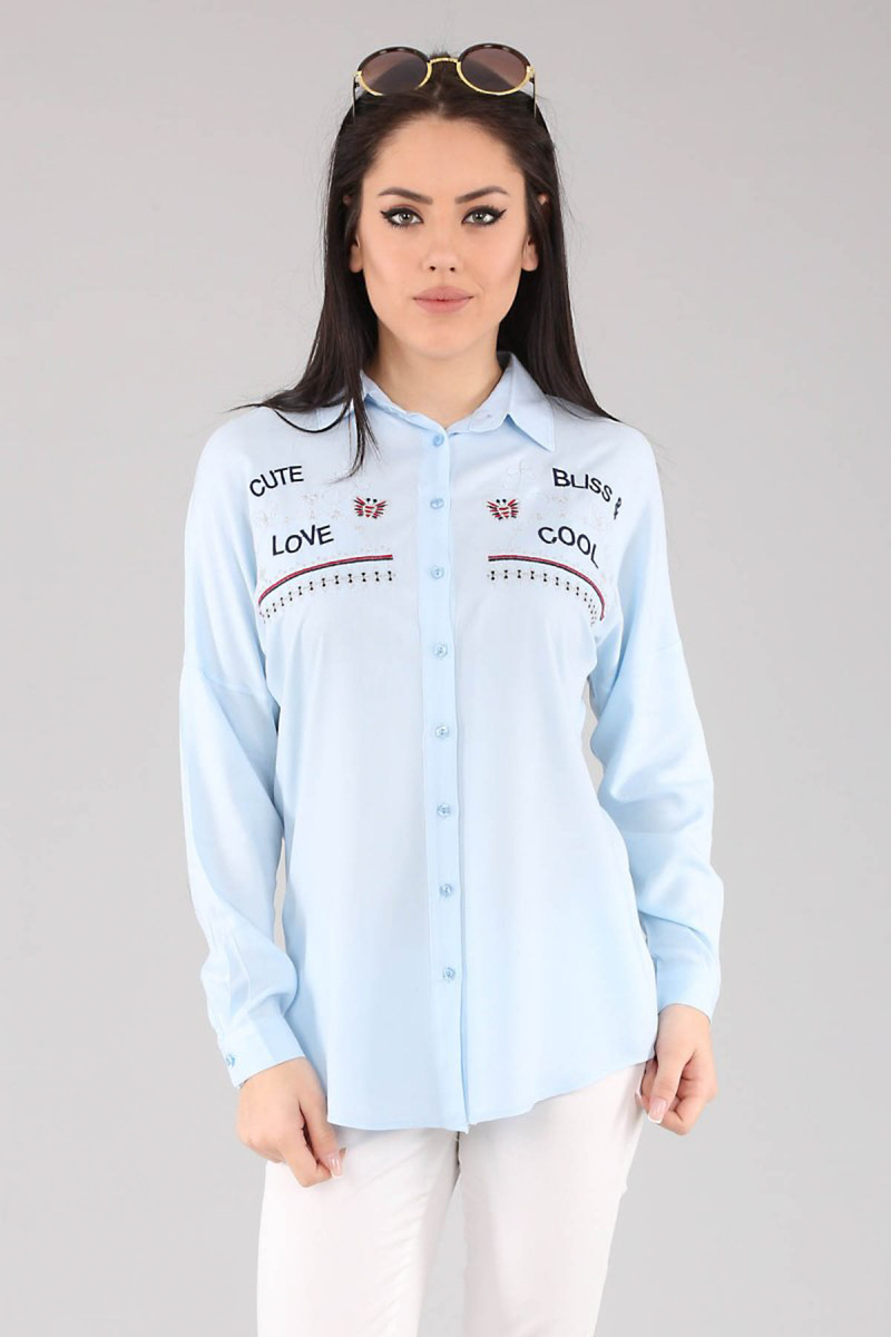 3401 GÜMÜŞ İŞLEMELİ GÖMLEK - Mavi - BİGDART