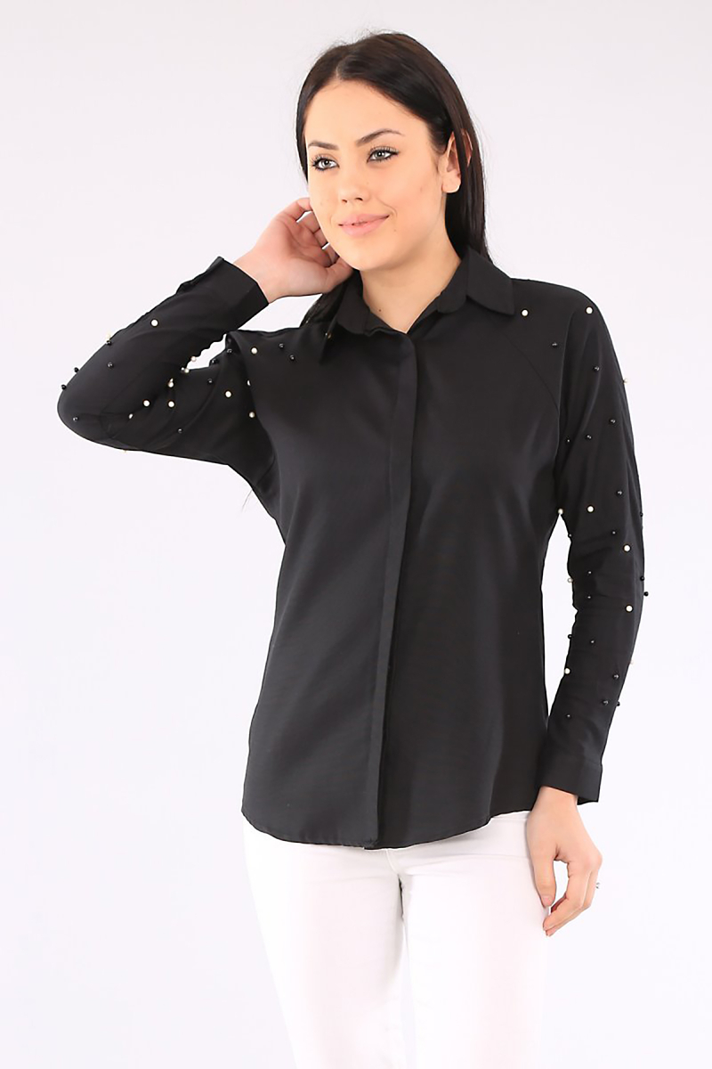3425 KOLU İNCİLİ GÖMLEK - Siyah - BİGDART