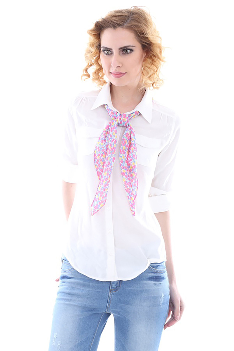 3446 ÇİFT CEPLİ FULARLI GÖMLEK - Beyaz - BİGDART