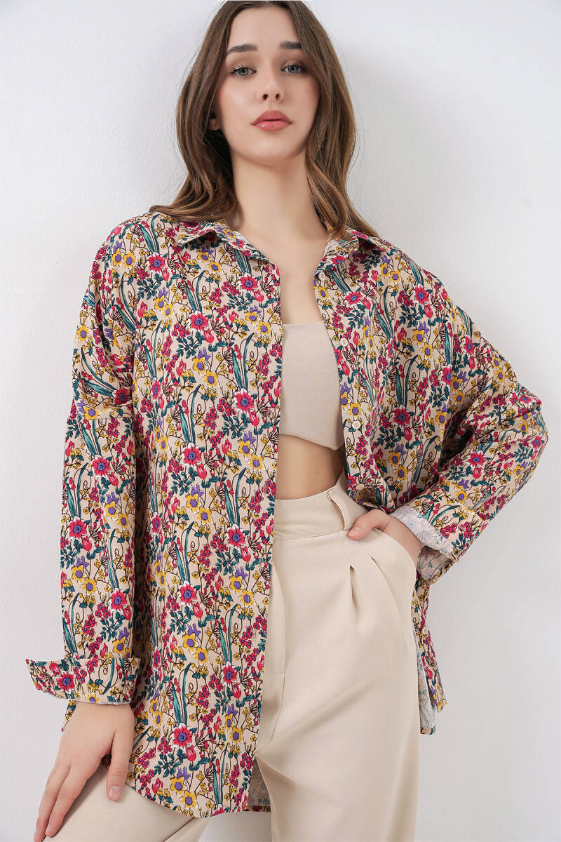 3721 Grafik Desenli Gömlek - Bej - BİGDART