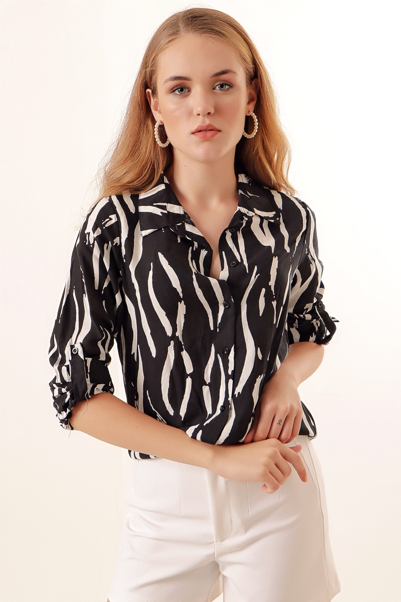 3721 Grafik Desenli Gömlek - D. Siyah - BİGDART