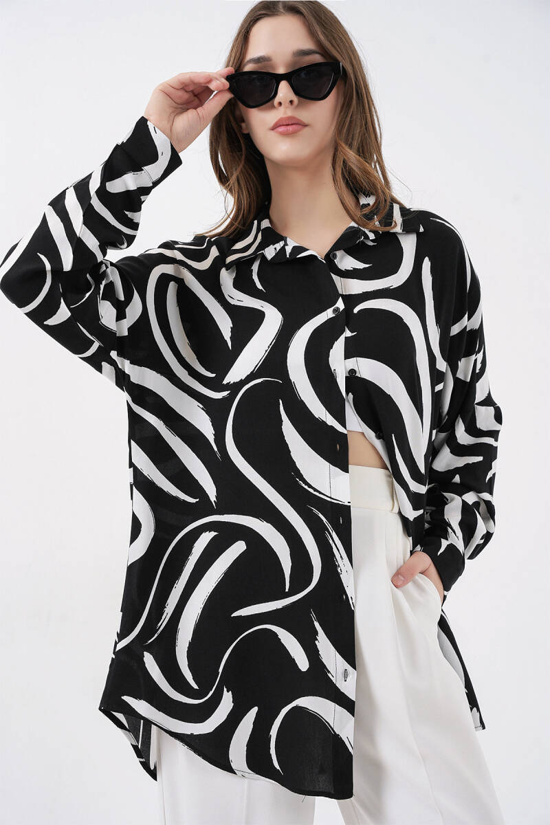 3721 Grafik Desenli Gömlek - F. Siyah - BİGDART