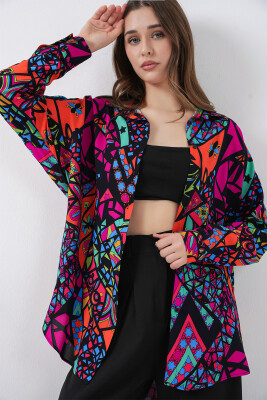 3721 Grafik Desenli Gömlek - Fuşya 