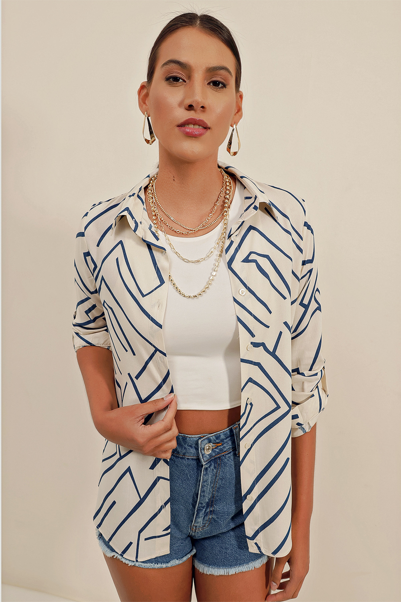 3721 Grafik Desenli Gömlek - Saks - BİGDART