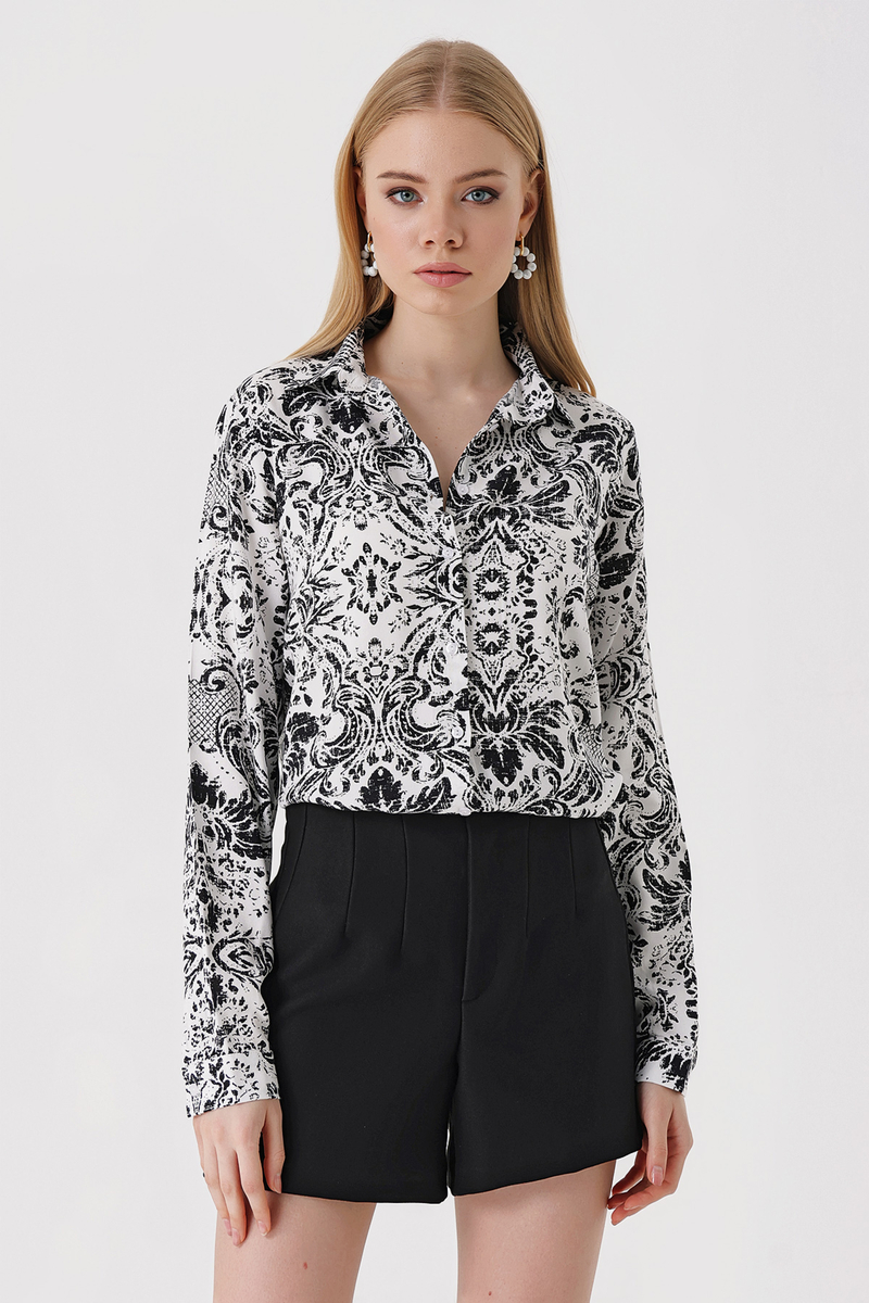 3721 Grafik Desenli Gömlek - Y.Beyaz - BİGDART