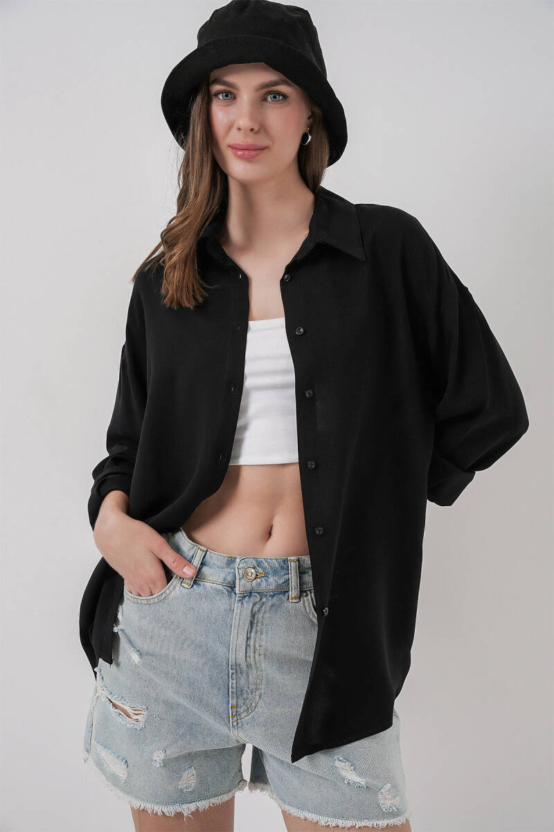 Kadın Oversize Viskon Gömlek 3785 - Siyah - BİGDART