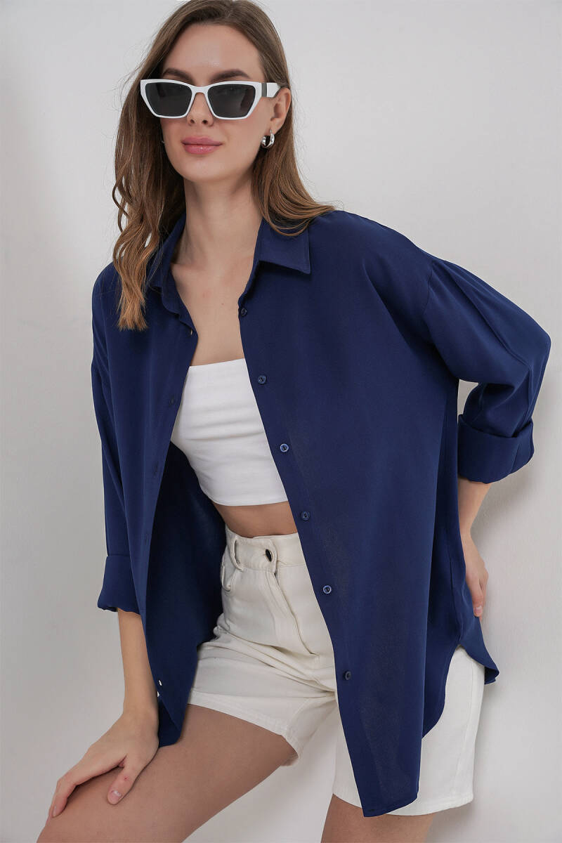 Kadın Oversize Viskon Gömlek 3785 - Lacivert - BİGDART