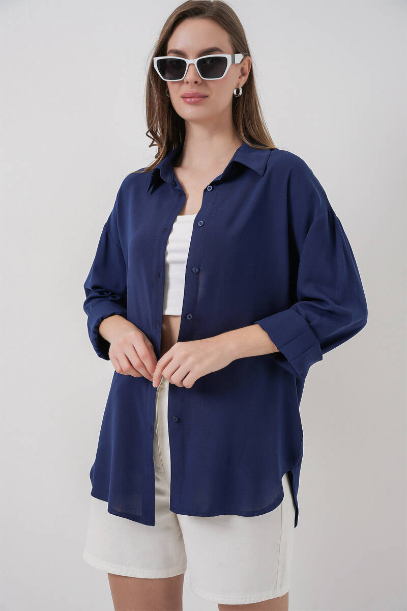 Kadın Oversize Viskon Gömlek 3785 - Lacivert (1)