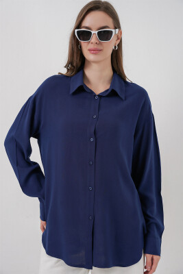 Kadın Oversize Viskon Gömlek 3785 - Lacivert - 4
