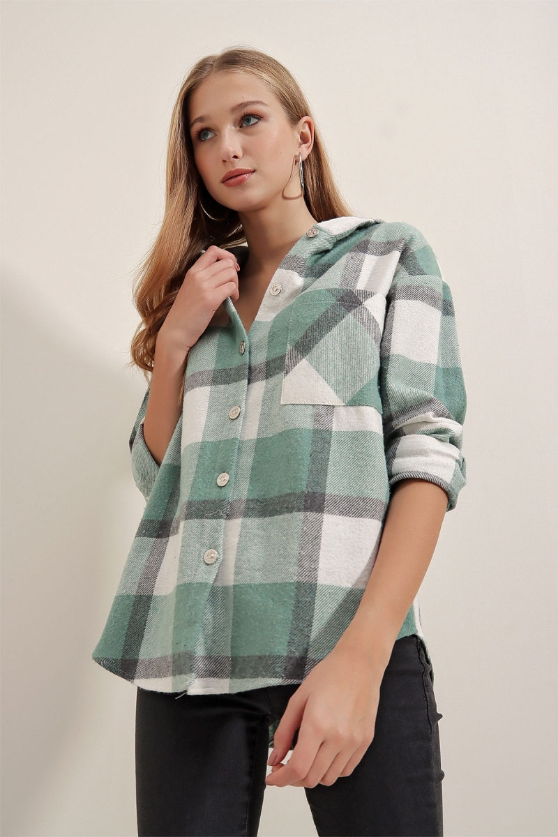 3850 Kapşonlu Ekose Desen Gömlek - Yeşil - BİGDART