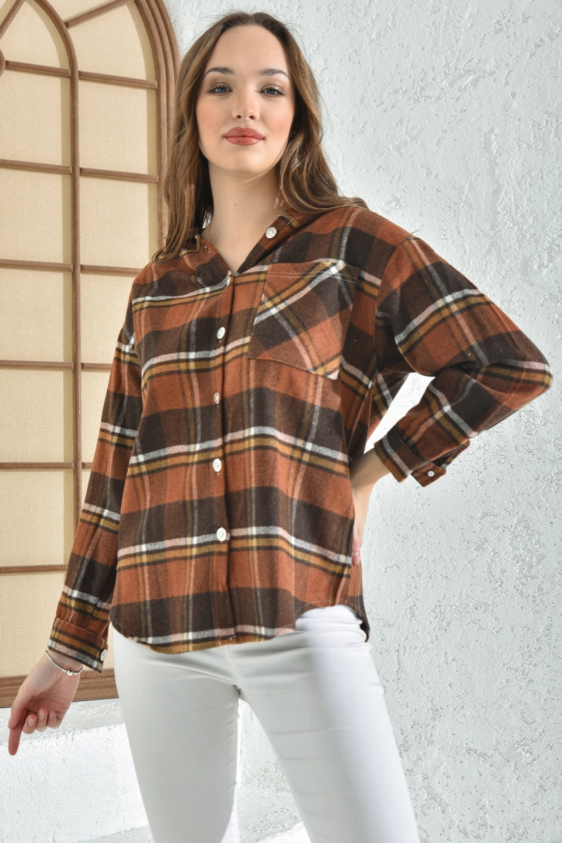 3850 Kapşonlu Ekose Desen Gömlek - Kahverengi - BİGDART