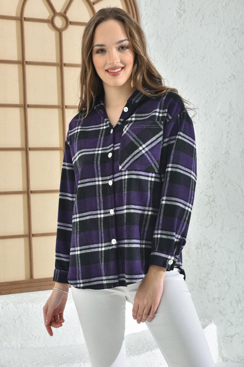 3850 Kapşonlu Ekose Desen Gömlek - Mor - BİGDART