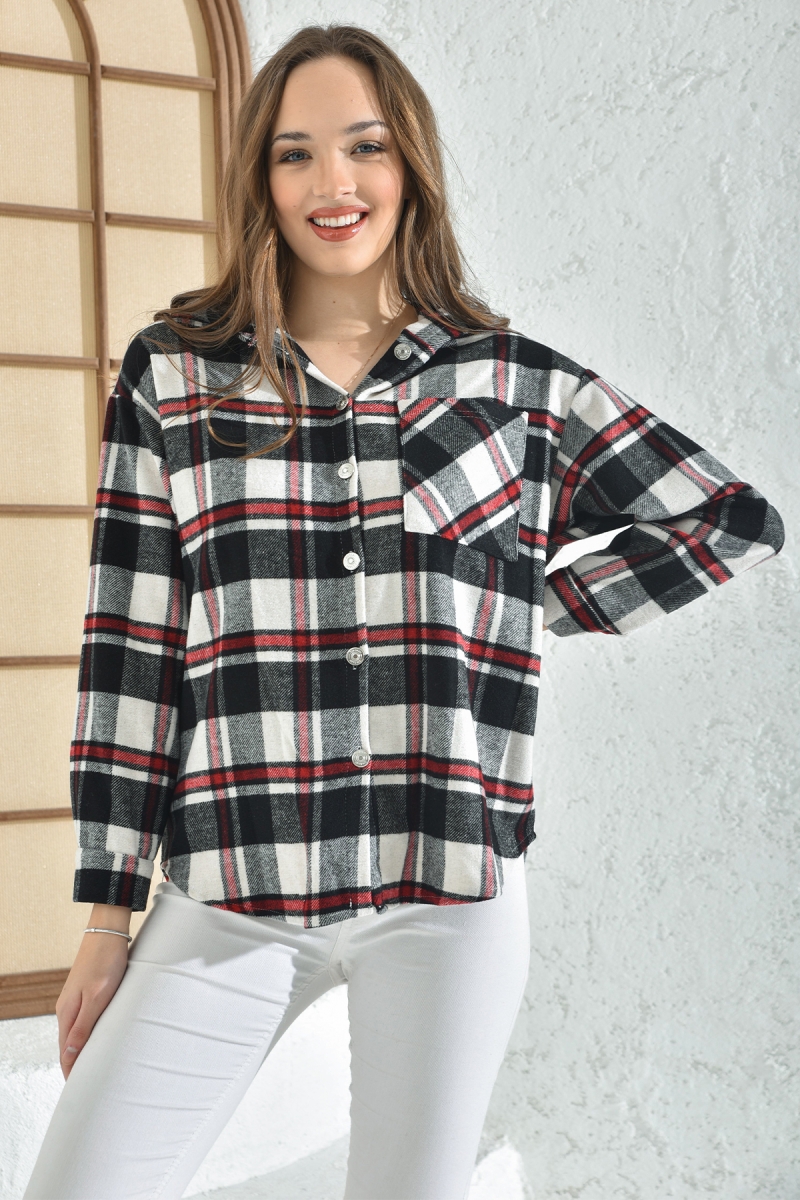 3850 Kapşonlu Ekose Desen Gömlek - Siyah - Beyaz - BİGDART