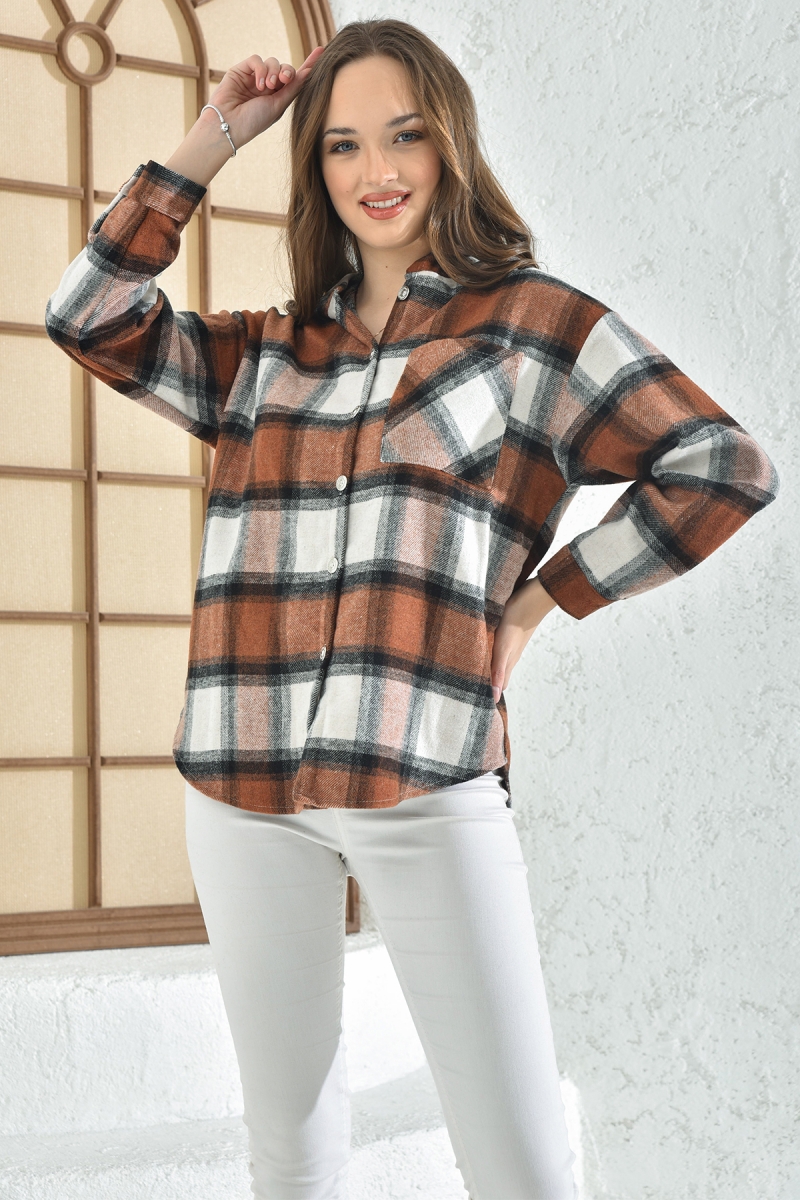 3850 Kapşonlu Ekose Desen Gömlek - Taba - BİGDART